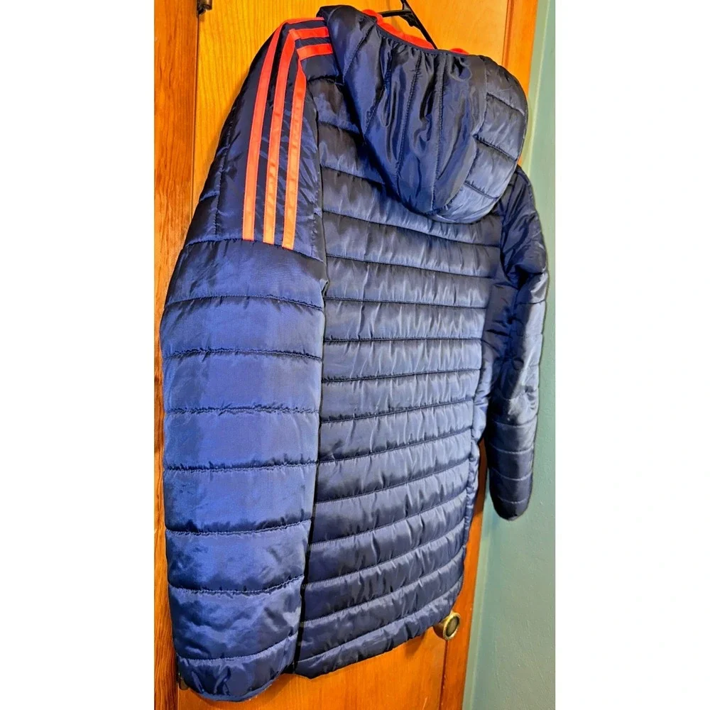 adidas Boys‎ XL 18/20 Navy Blue Orange Hooded Puffer Jacket Coat